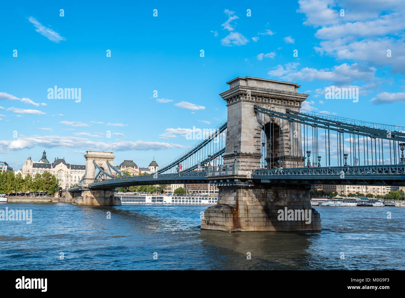Budapest, Hungary - August 14, 2017: Szechenyi Chain Bridge over Danube River a summer day at sunset in Budapest Stock Photo
