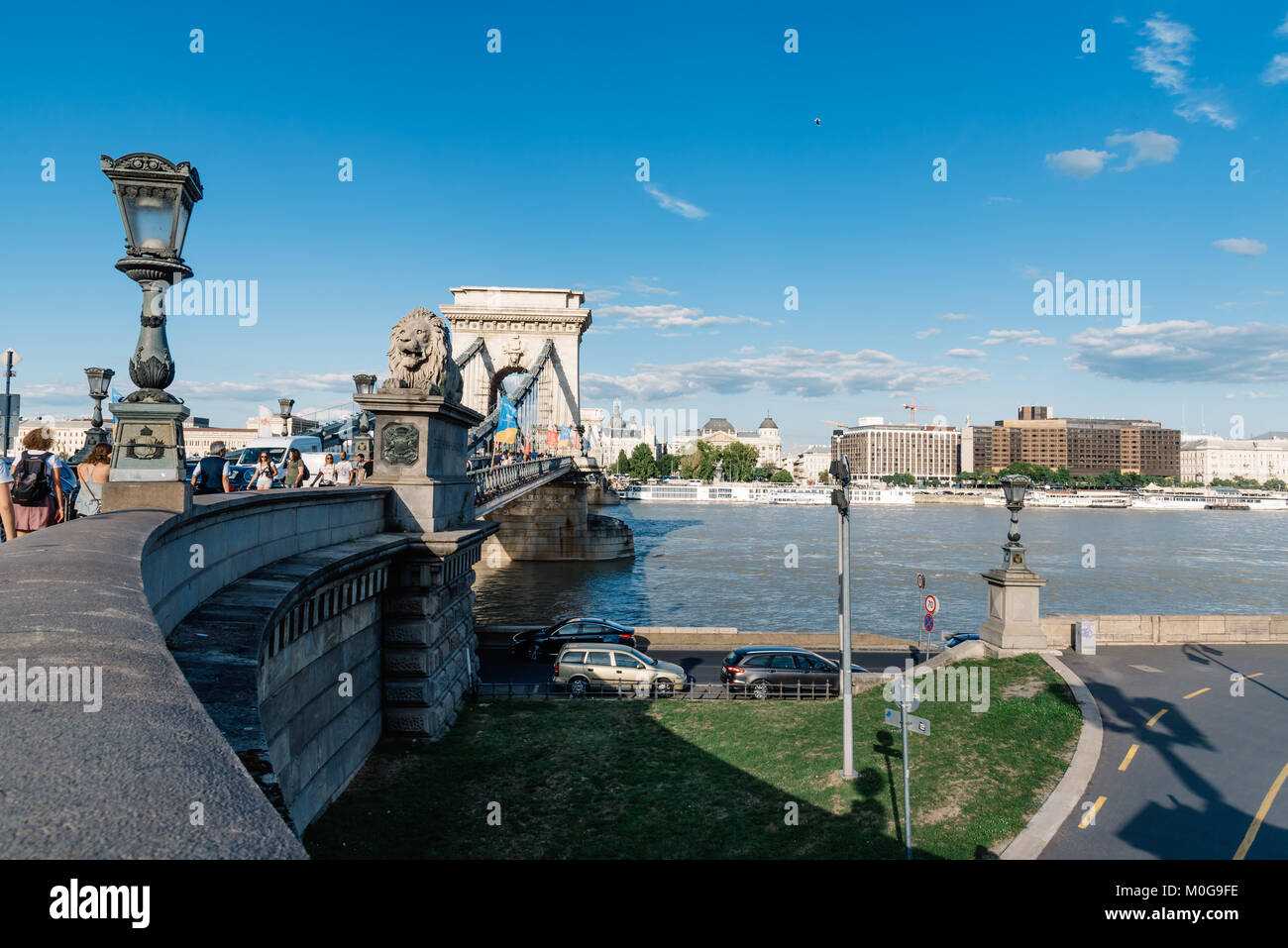 Budapest, Hungary - August 14, 2017: Szechenyi Chain Bridge over Danube River a summer day at sunset in Budapest Stock Photo