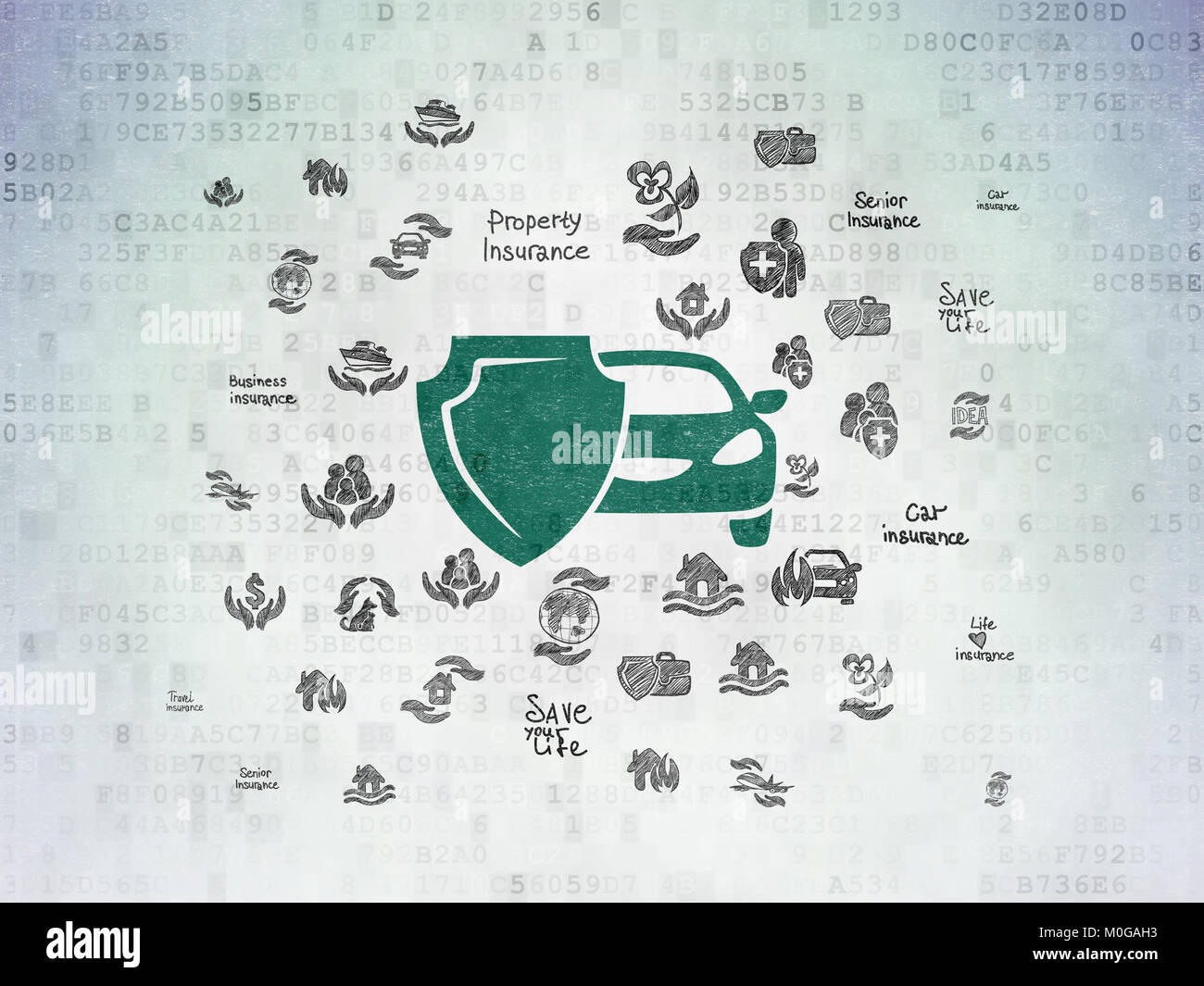 Insurance concept: Car And Shield on Digital Data Paper background ...