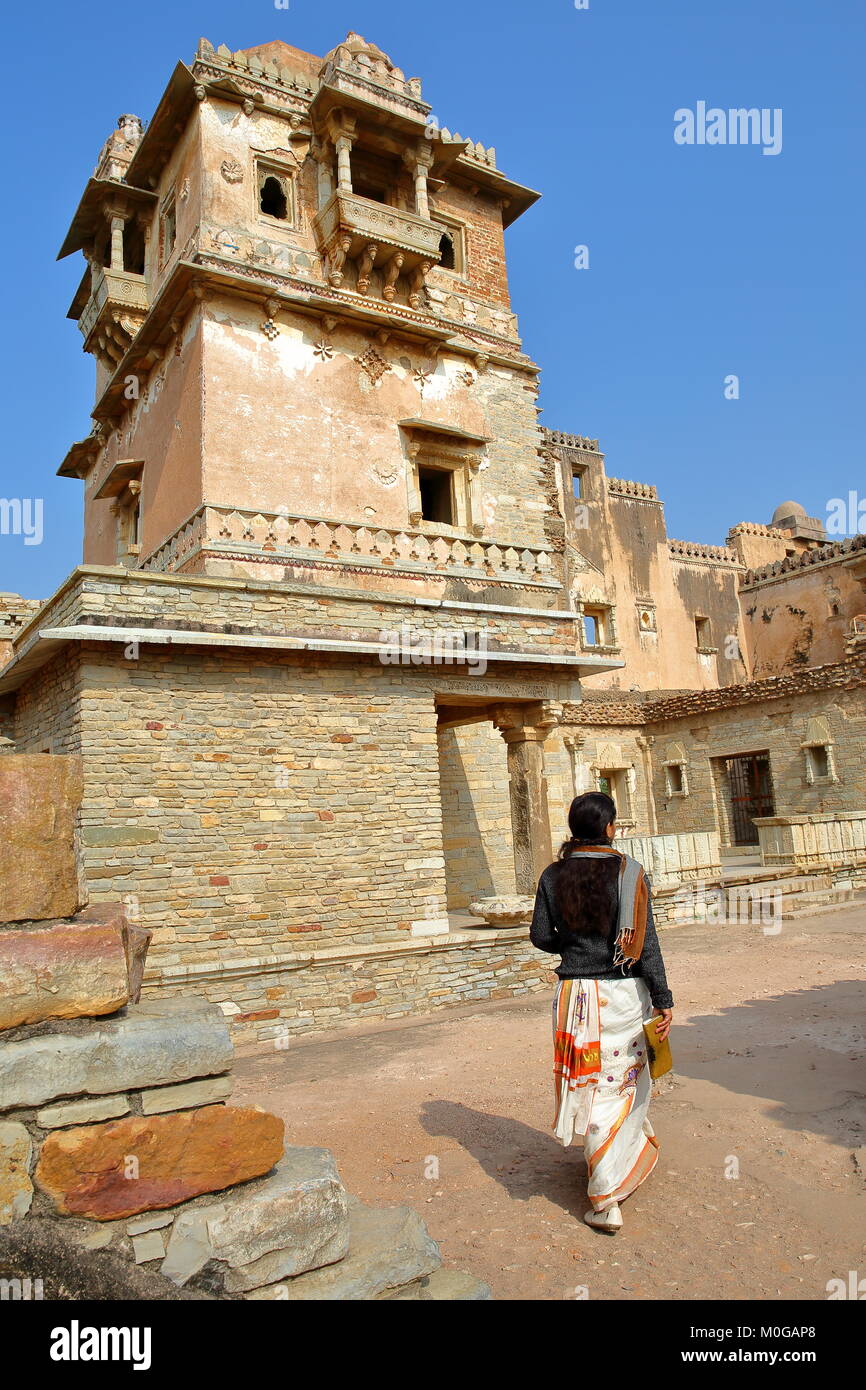 CHITTORGARH, RAJASTHAN, INDIA - DECEMBER 14, 2017: Rana Kumbha Palace located inside the fort (Garh) of Chittorgarh, with details of the balconies Stock Photo