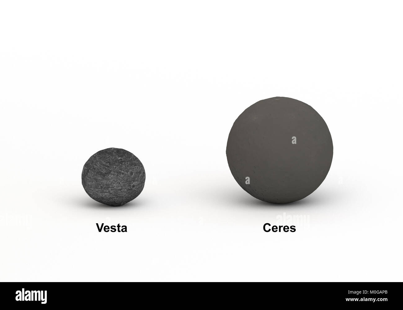 This image represents the size comparison between Ceres and Vesta dwarf planet in a precise and scientific design.This is a 3d rendering. Stock Photo