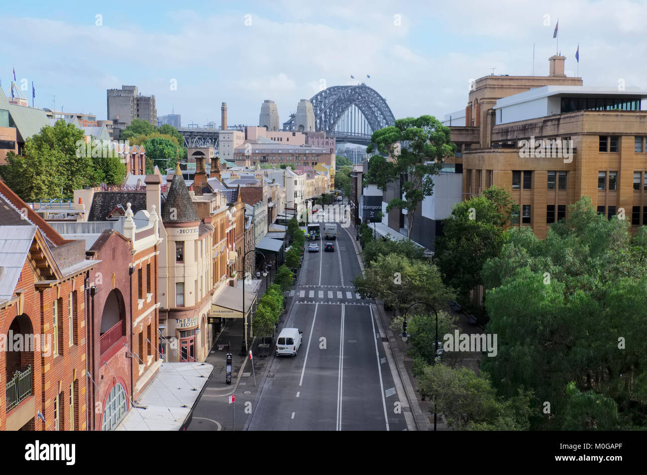 The Rocks and Sydney Harbour Bridge, view from Cahill Expressway, Sydney, Australia Stock Photo