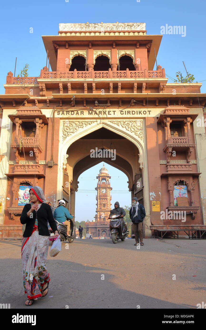 JODHPUR, RAJASTHAN, INDIA - DECEMBER 16, 2017: Sardar Market entrance Gate with the Clock Tower in the background Stock Photo