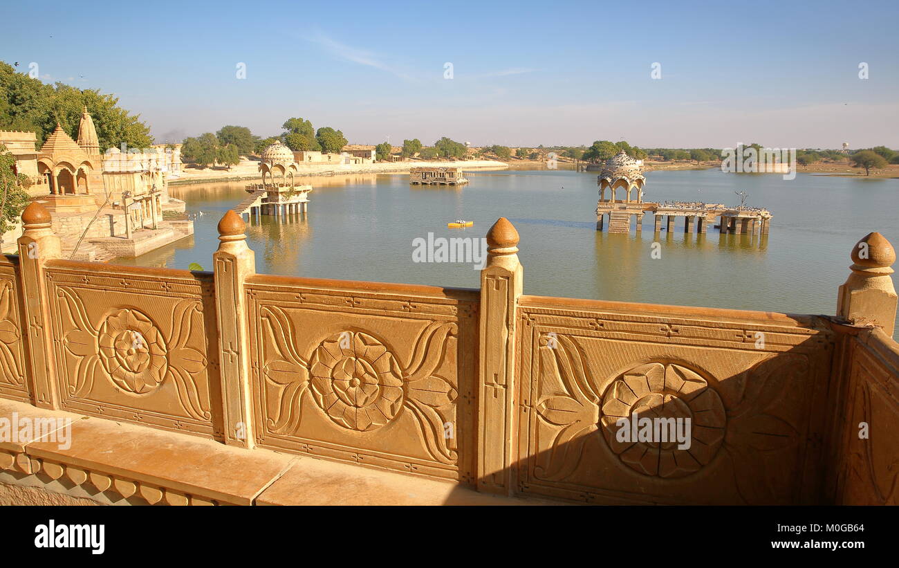 General view of Gadi Sagar lake (with chhatris) from a decorated balcony, Jaisalmer, Rajasthan, India Stock Photo