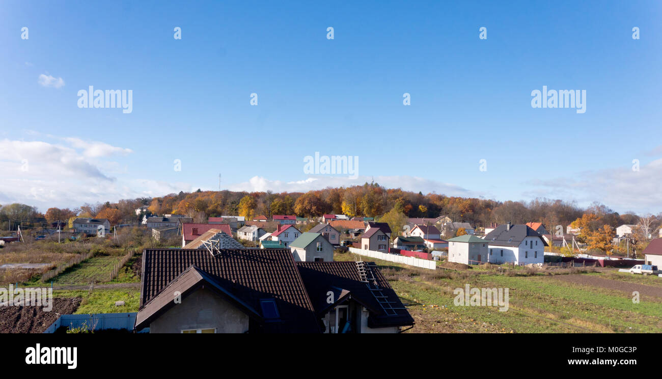 beautiful view from Windows on the houses and field, the village view from the window Stock Photo