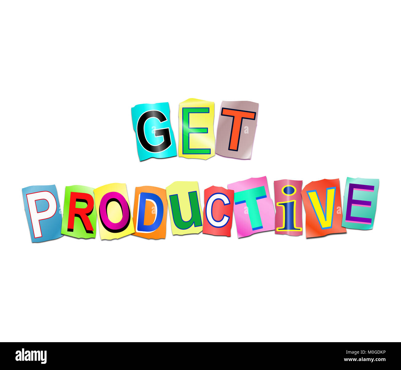 3d Illustration depicting a set of cut out printed letters arranged to form the words get productive. Stock Photo