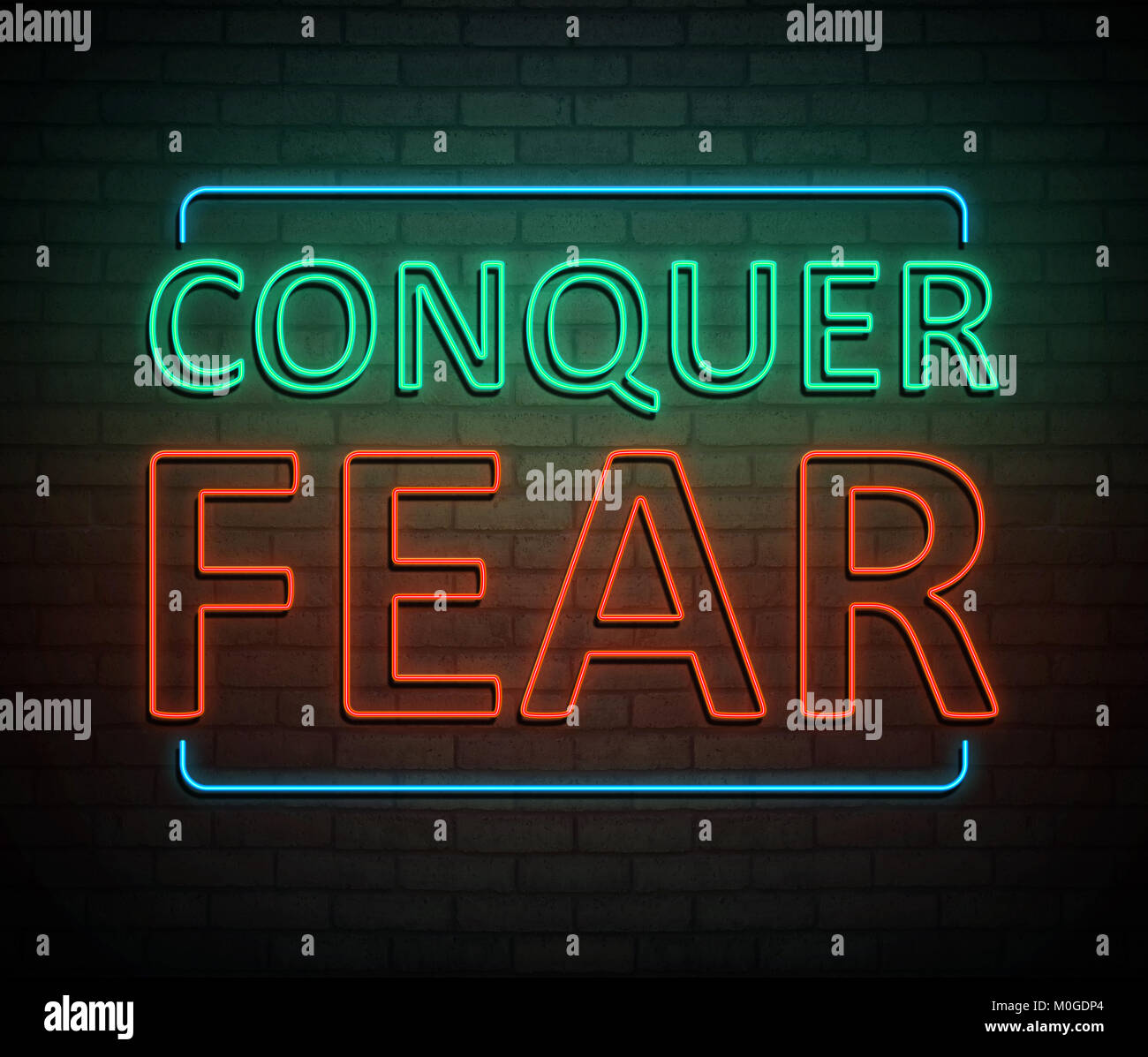 3d Illustration depicting an illuminated neon sign with a conquer fear concept. Stock Photo