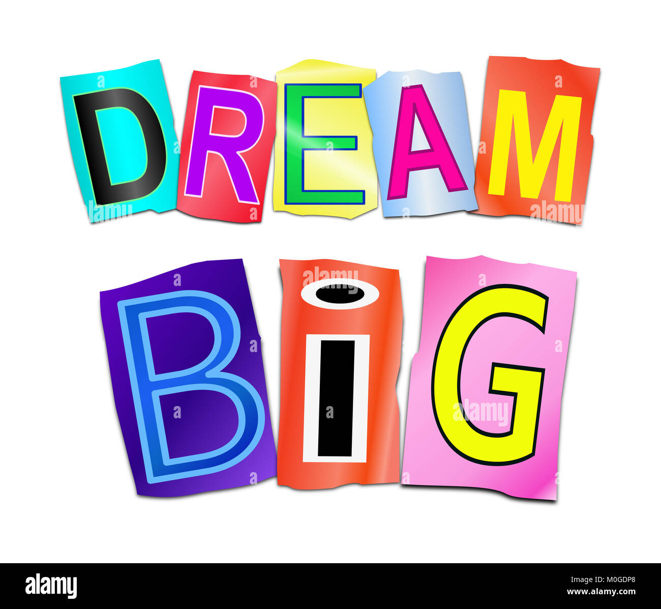 3d Illustration depicting a set of cut out printed letters arranged to form the words dream big. Stock Photo