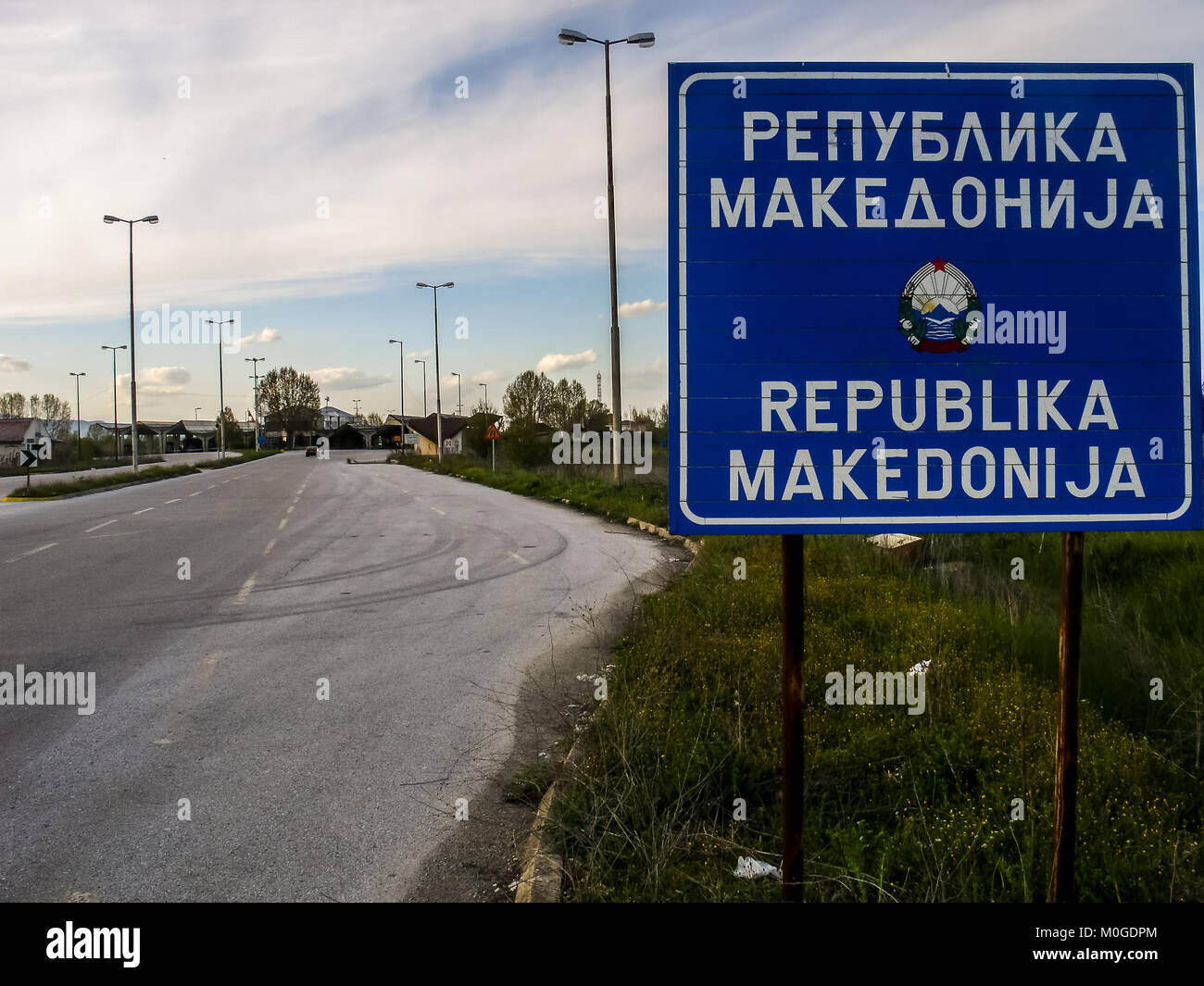 The official sign informing of entrance in FYROM (Former Yugoslav Republic of Macedonia) in the Greek border of Niki near Florina town. Stock Photo