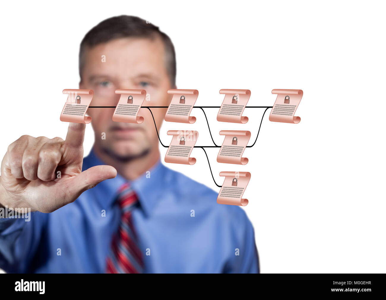 Senior technologist pointing to blockchain illustration Stock Photo