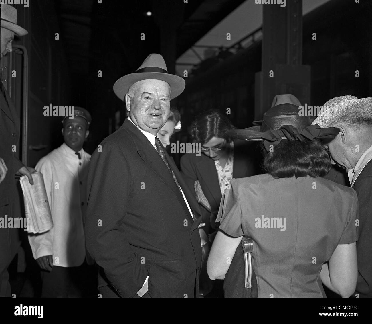 Herbert Hoover arrives by train in Chicago, IL.  July 17, 1946. Stock Photo