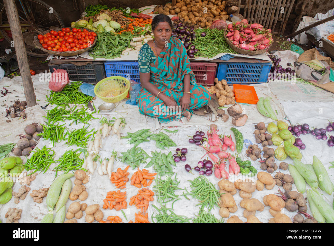 India, Tamil Nadu, Tanjore, Thanjavur, Vegetable seller in the market