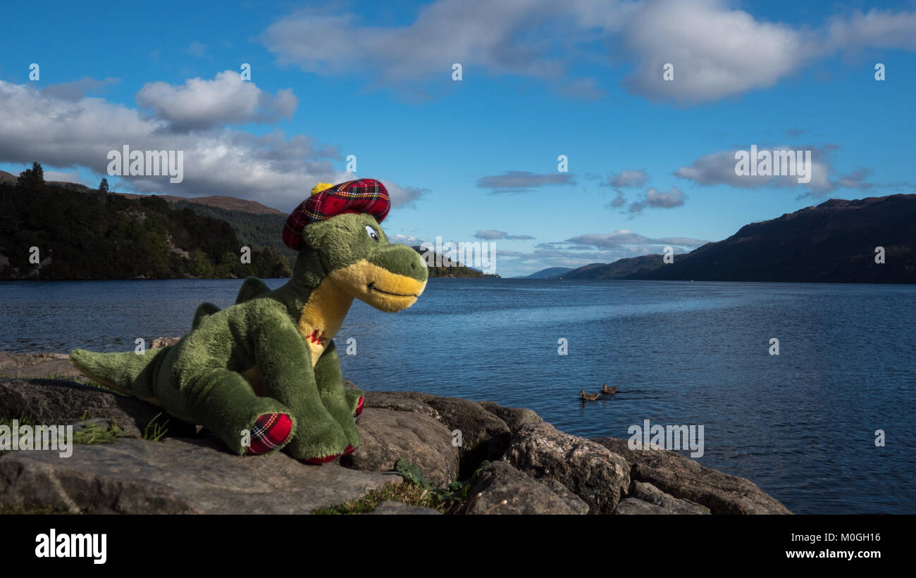 Soft Toy Nessie in love at Loch Ness Stock Photo