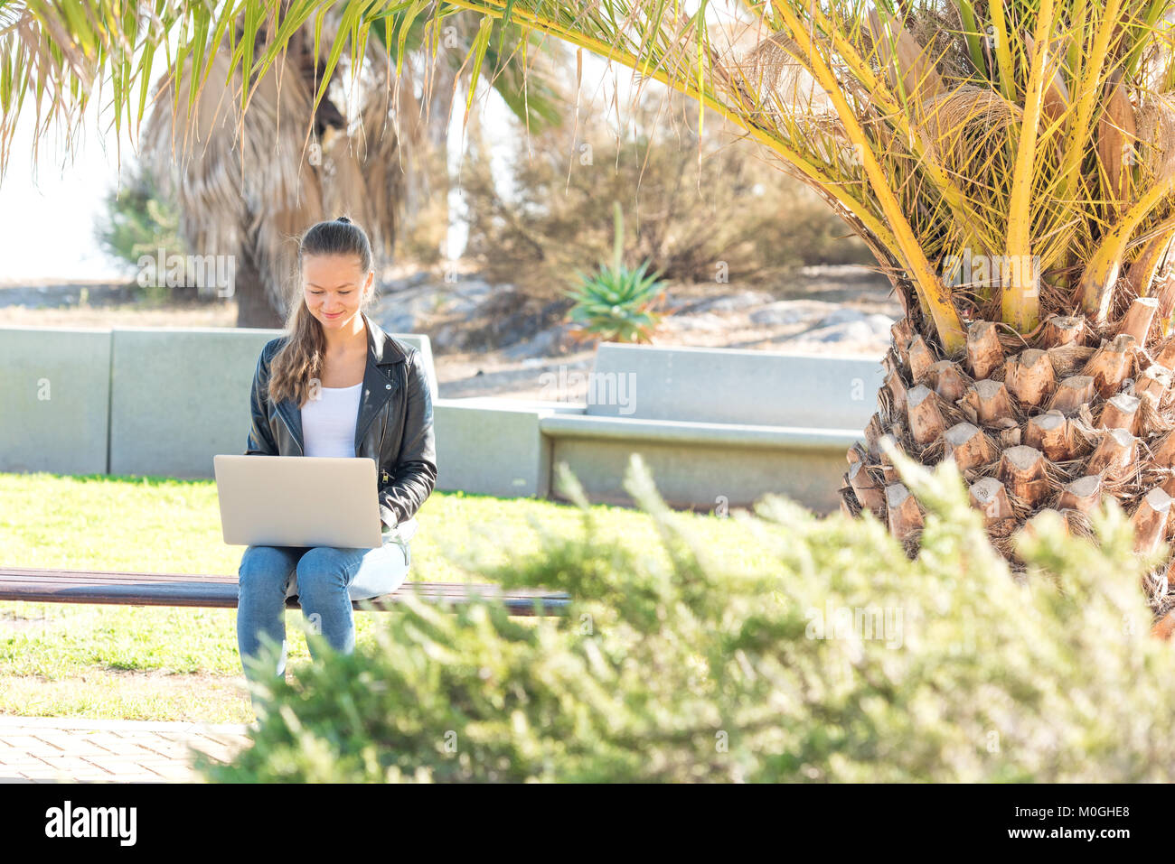 Beautiful young woman working on laptop in the park Stock Photo - Alamy