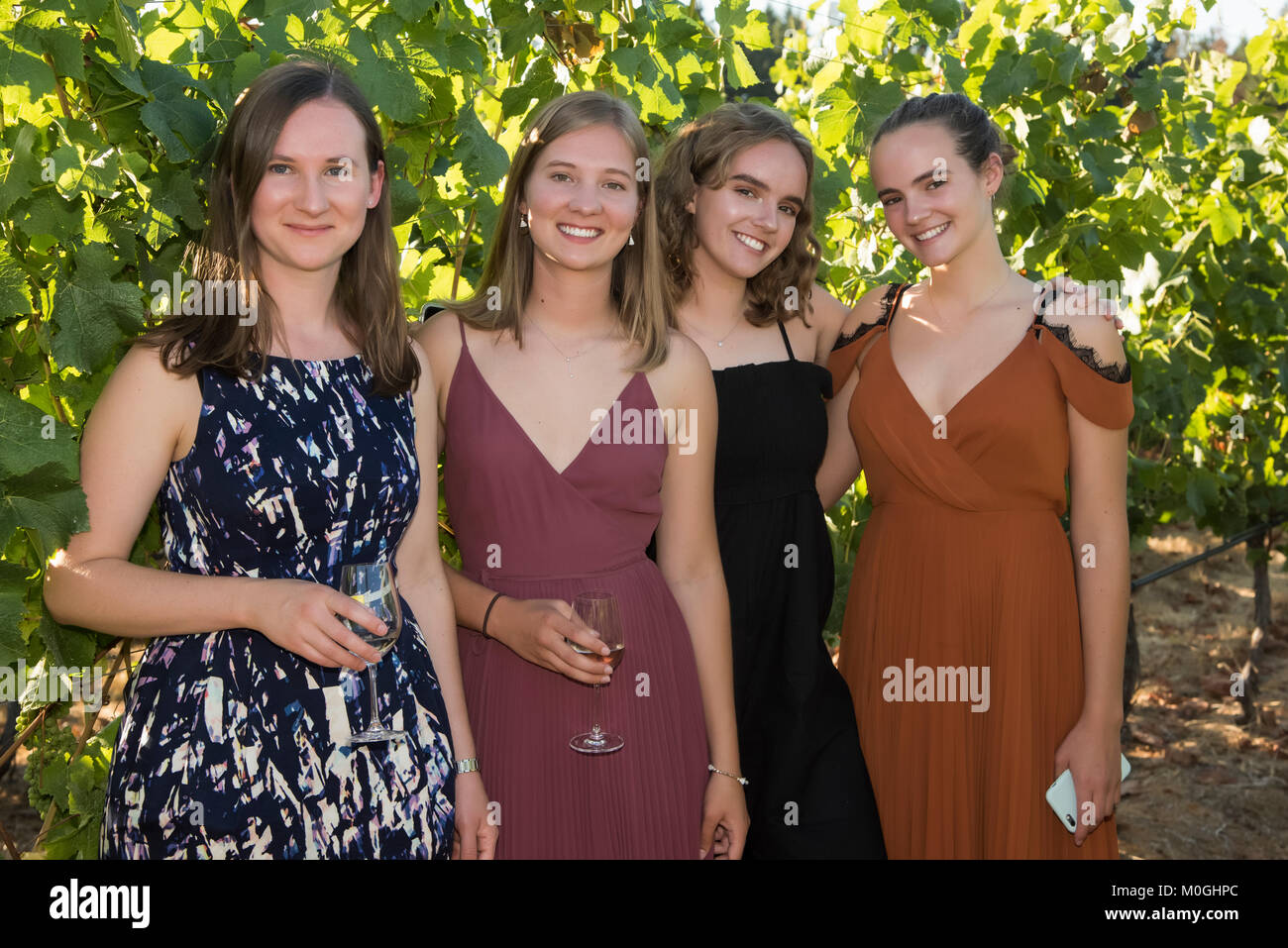 Portrait of four young women dressed in formal wear and holding glasses with drinks; Cobble Hill, British Columbia, Canada Stock Photo