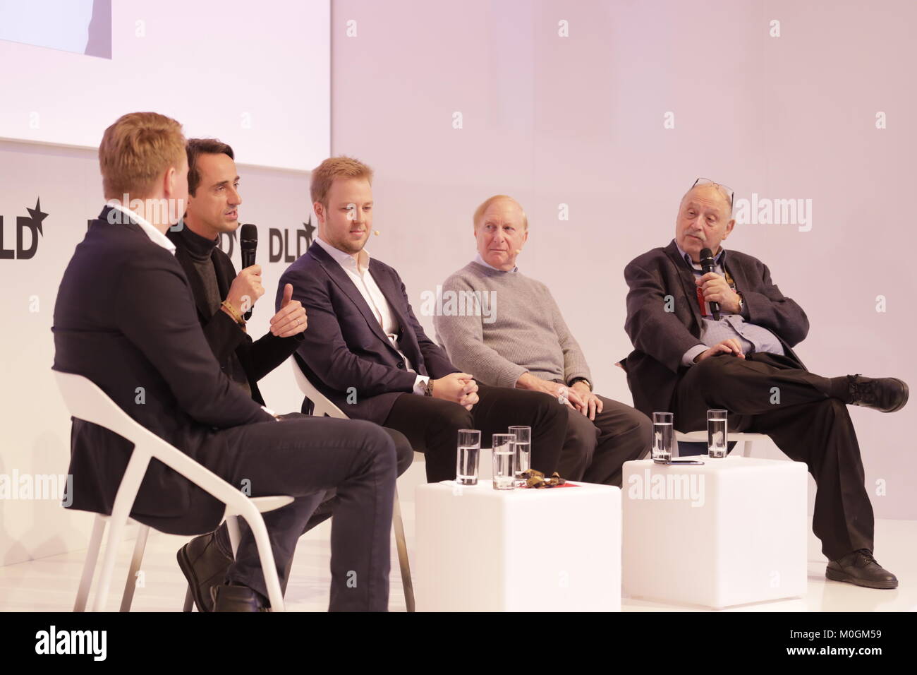 MUNICH/GERMANY - JANUARY, 21: (L-R) Martin Weiss (Hubert Burda Media), Fr?d?ric Court (Felix Capital), Maximilian Kuss (EMH Partners), Howard Morgan (B Capital Group), Yossi Vardi (DLD Chairman) in Conversation at a panel discussion during  DLD18 (Digital-Life-Design) Conference at the Bayerischer Staatsbank on January 21th, 2018  in Munich, Germany (Photo: picture alliance / Gandalf Hammerbacher) | usage worldwide Stock Photo