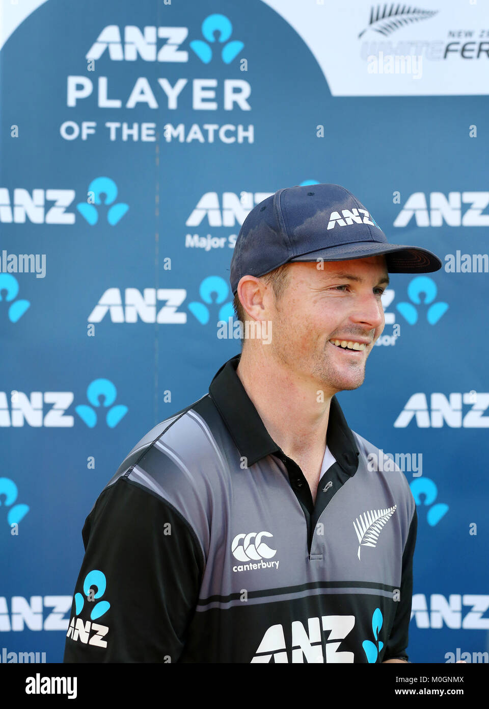 Westpac Stadium, Wellington, New Zealand. 22nd Jan, 2018. T20 International Cricket Series, New Zealand versus Pakistan; Blackcaps Colin Munro is named player of the match Credit: Action Plus Sports/Alamy Live News Stock Photo