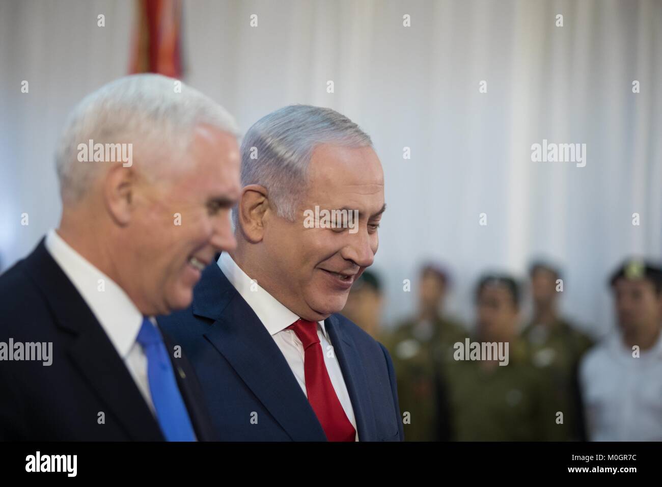 Jerusalem, Israel.  22nd Jan, 2018. U.S. Vice President Mike Pence (L) meets with Israeli Prime Minister Benjamin Netanyahu in Jerusalem, on Jan. 22, 2018. Credit: JINI/Xinhua/Alamy Live News Stock Photo