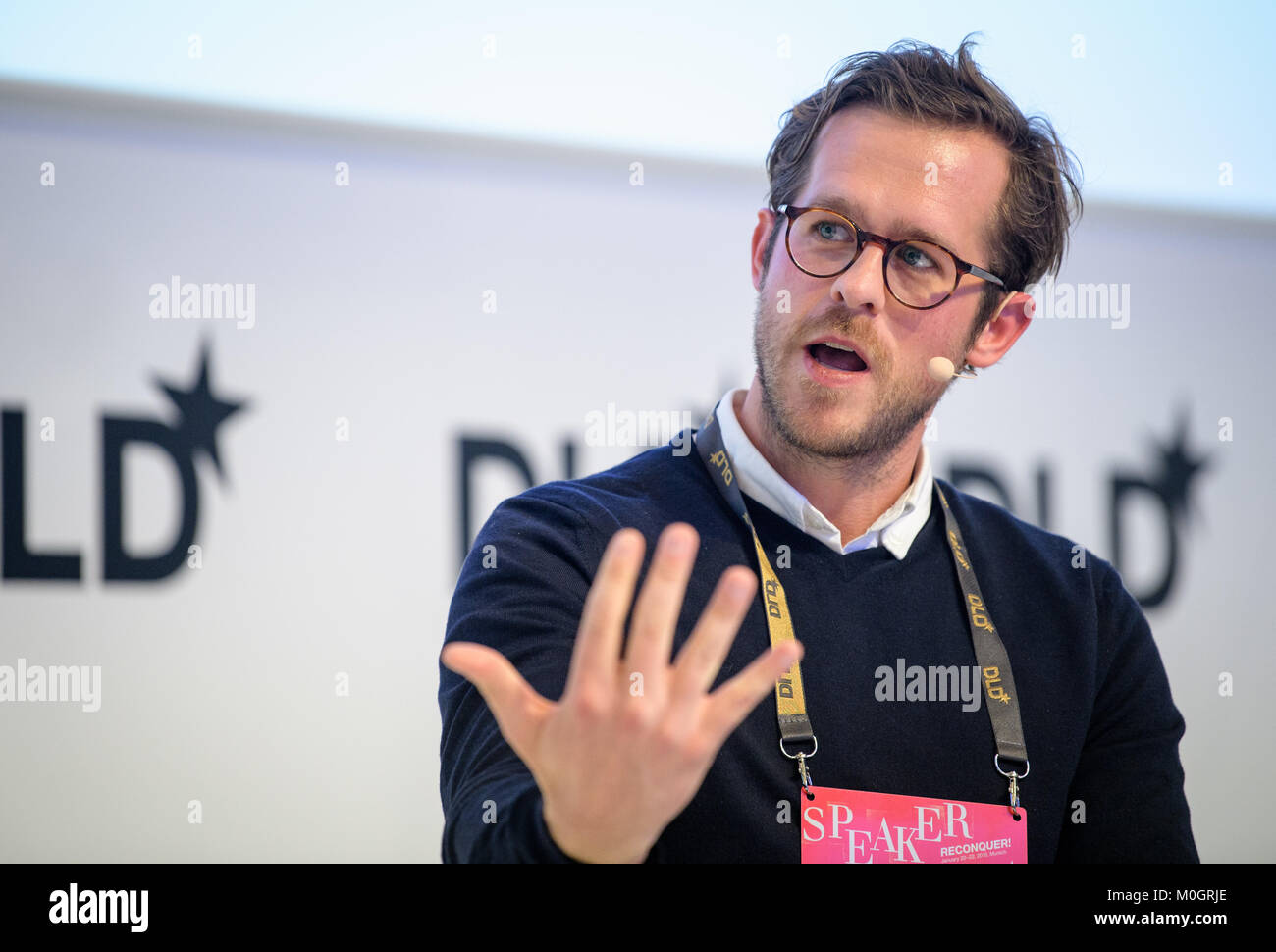 Munich, Germany. 22nd Jan, 2018. Robert Gentz, co-founder of Zalando,  speaks at the innovation conference Digital-Life-Design (DLD) in Munich,  Germany, 22 January 2018. The three-day conference aims to attract  technological, political and