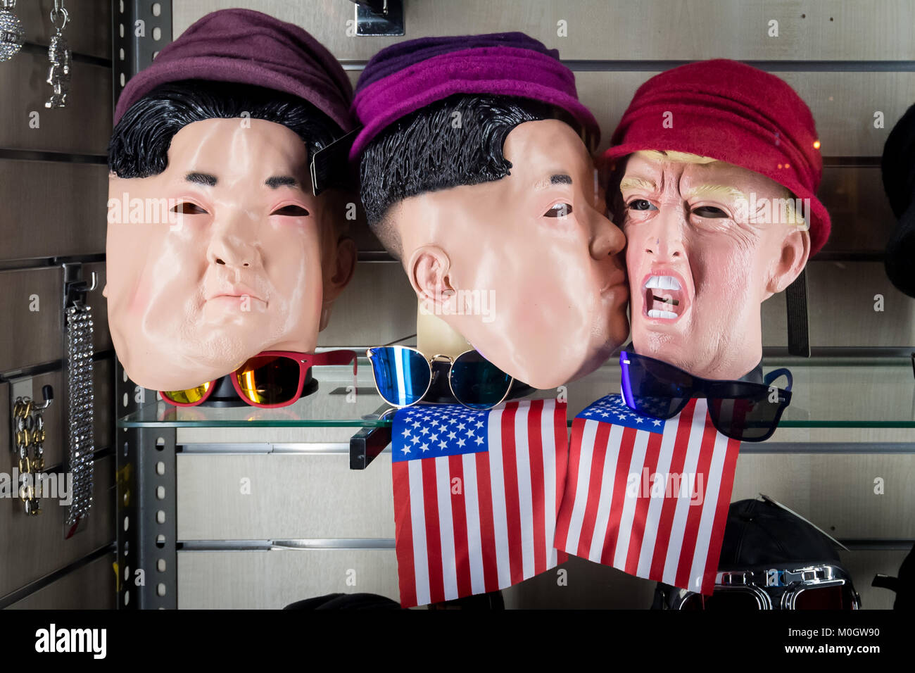 London, UK. 22nd Jan, 2018. Kim Jong-un and Donald Trump face masks are arranged provocatively in a London shop window. Credit: Guy Corbishley/Alamy Live News Stock Photo