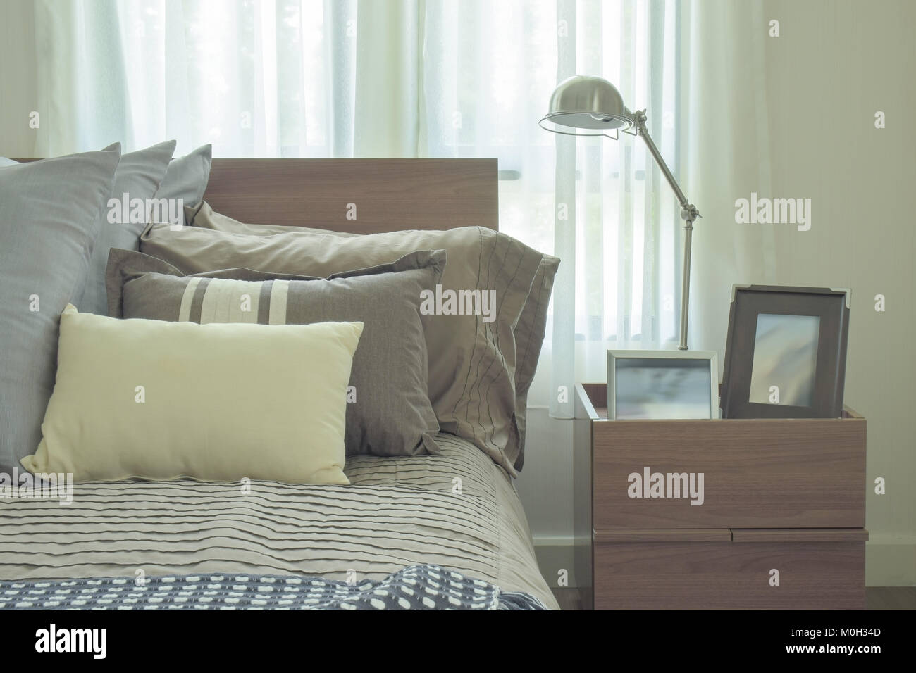 Linen Pillows In Difference Size On Bed In Modern Japanese