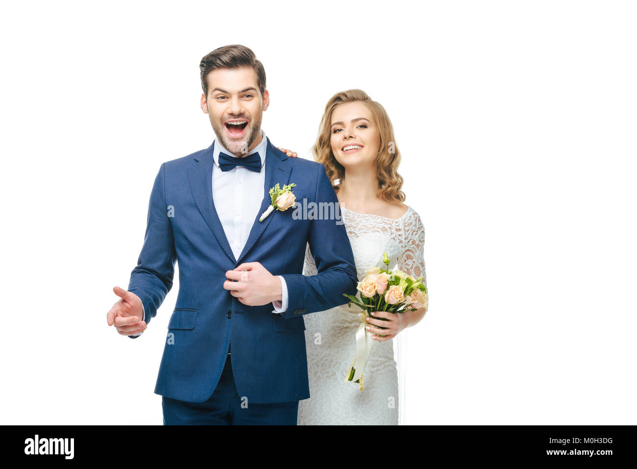 portrait of happy young wedding couple isolated on white Stock Photo ...
