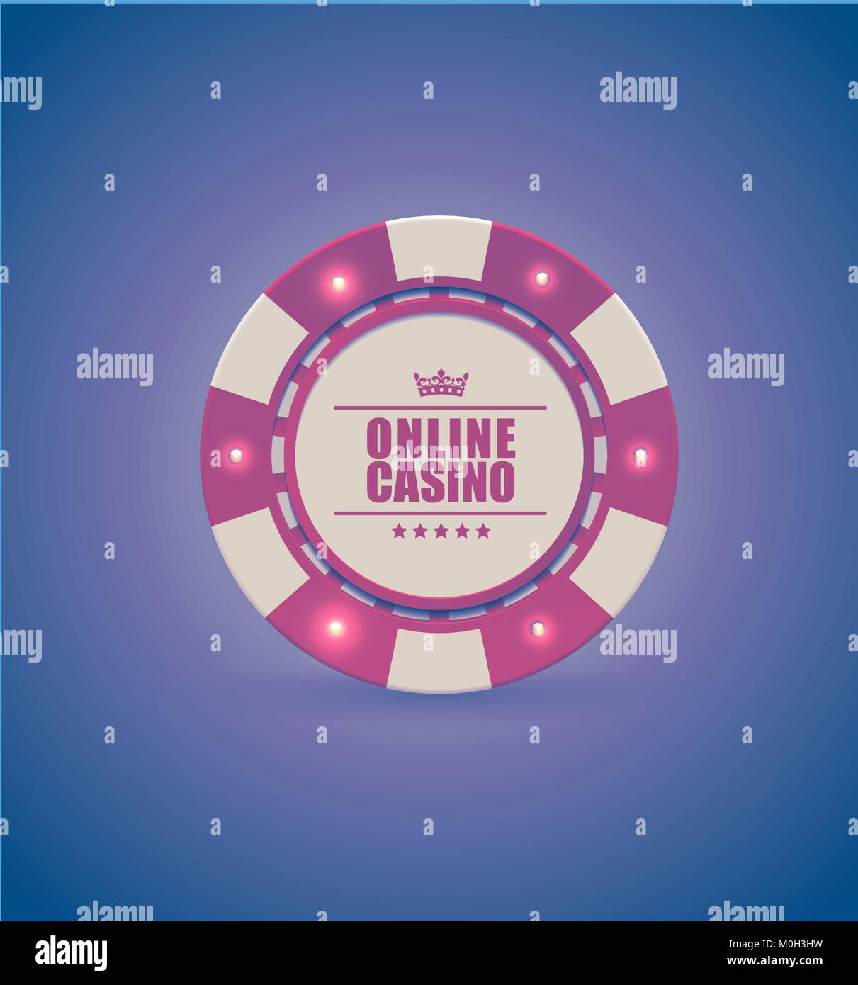 Vector red white casino poker chip with luminous light elements. Purple retro effect background. Poker club text, blackjack or online casino banner Stock Vector