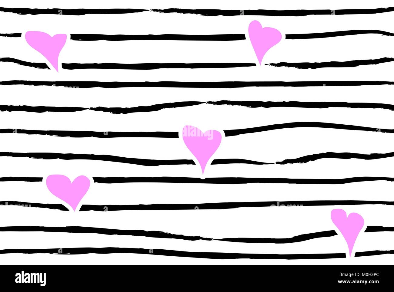 Pink confetti heart on striped background. Seamless love pattern. Hand painted black brush strokes on white. Valentines day emo style wallpaper Stock Vector