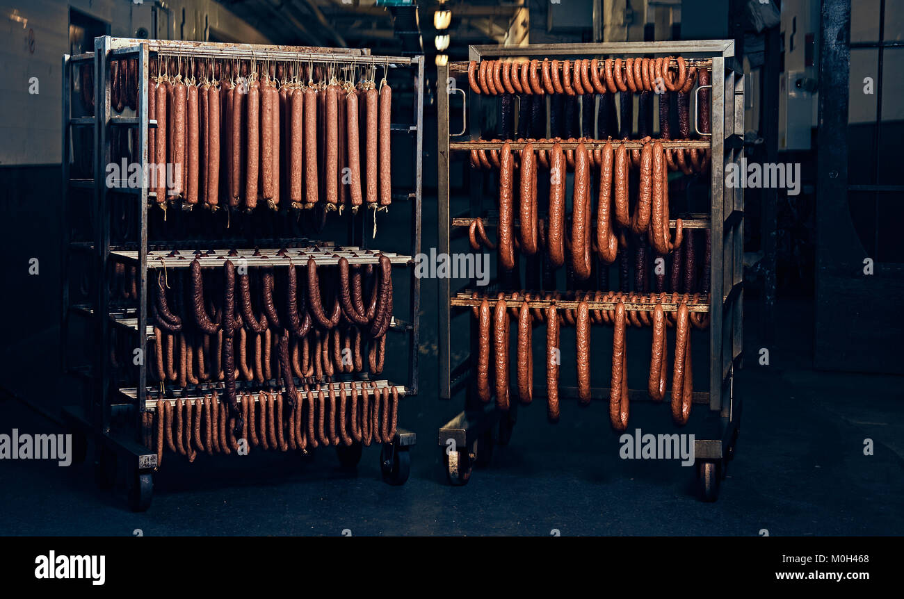 Sausages in the factory storage Stock Photo Alamy