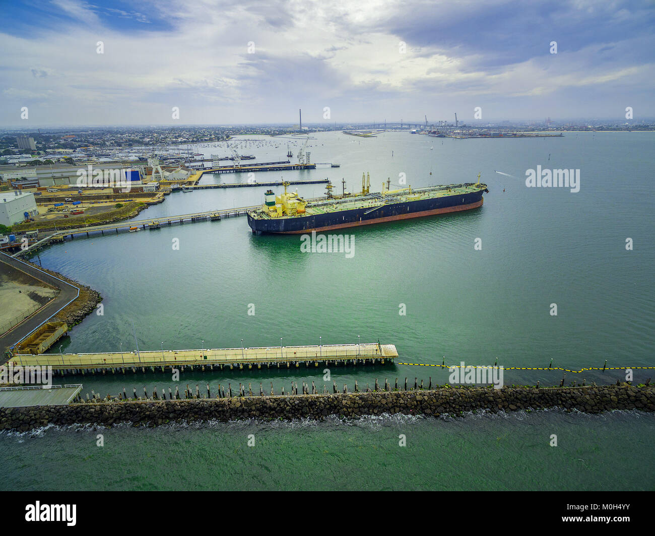 Aerial view of large industrial nautical vessel moored at docks in Williamstown, Melbourne, Australia Stock Photo
