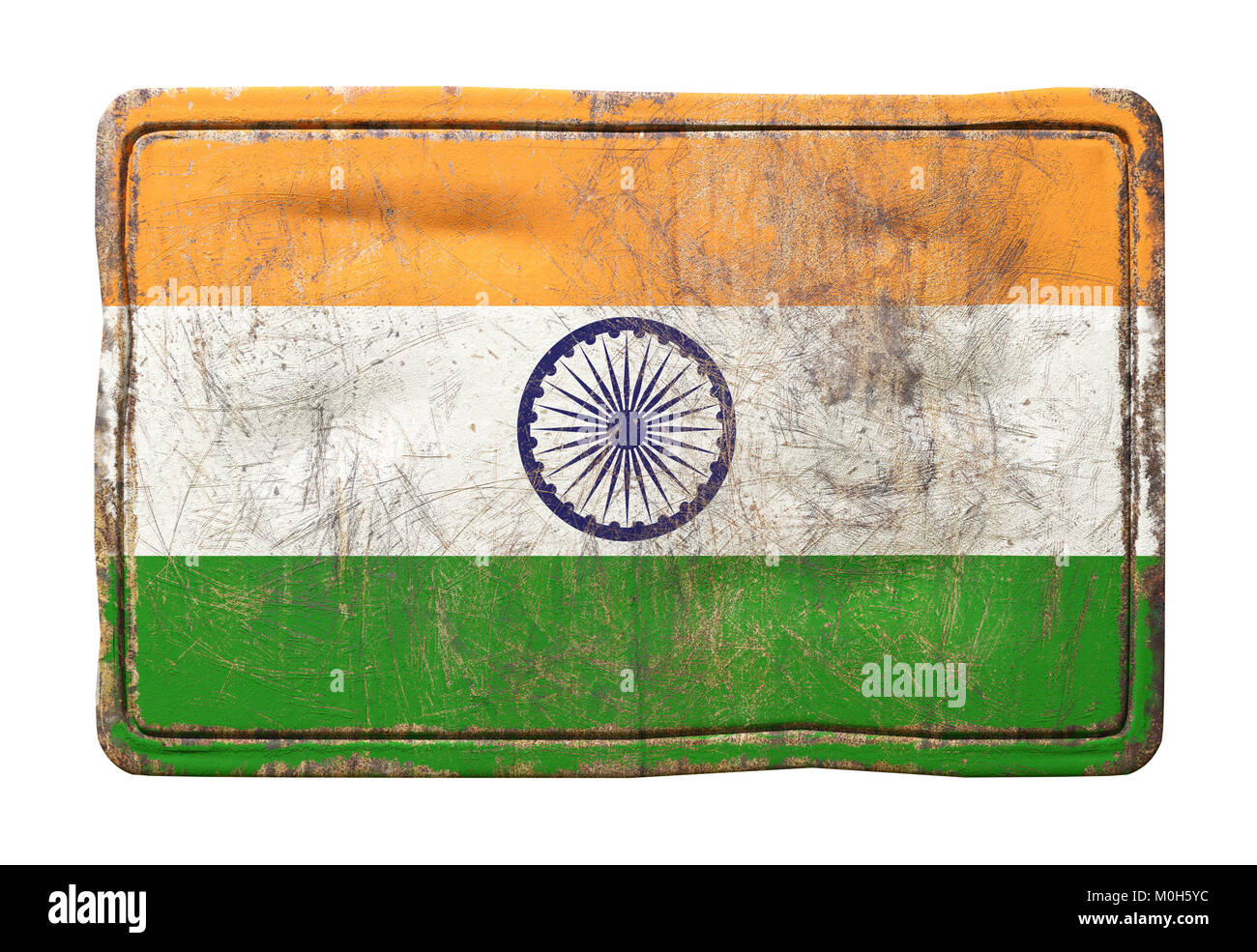 3d rendering of a India flag over a rusty metallic plate. Isolated on white background. Stock Photo