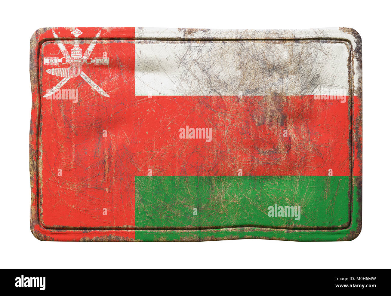 3d rendering of an Oman flag over a rusty metallic plate. Isolated on ...