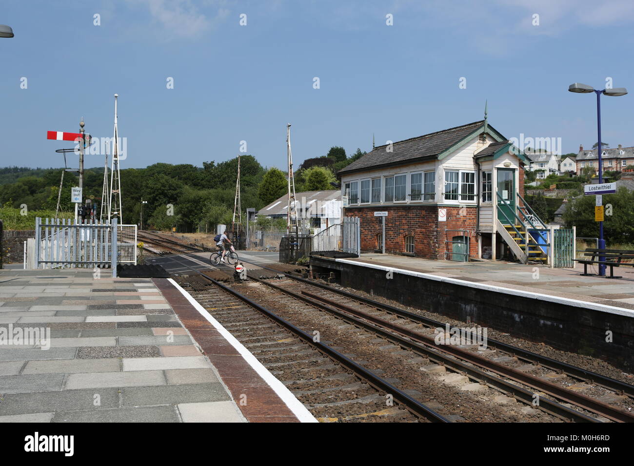 Lostwithiel Station UK, showing level corssing, signal box and