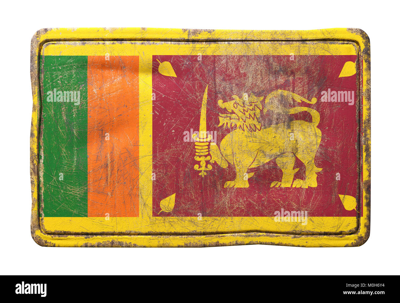 3d rendering of a Sri Lanka flag over a rusty metallic plate. Isolated on white background. Stock Photo