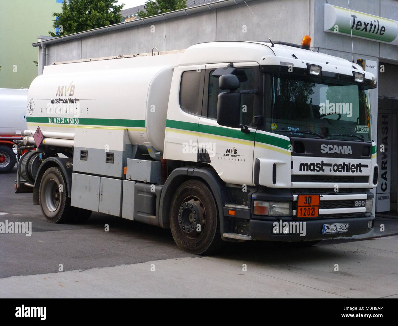 A tanker truck in Pforzheim, Germany, photographed as part of industrial or municipal transport documentation. Stock Photo