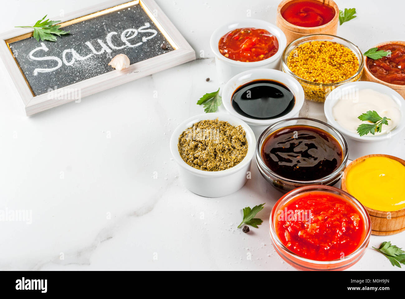 Set of different sauces ketchup, mayonnaise, barbecue, soy, teriyaki