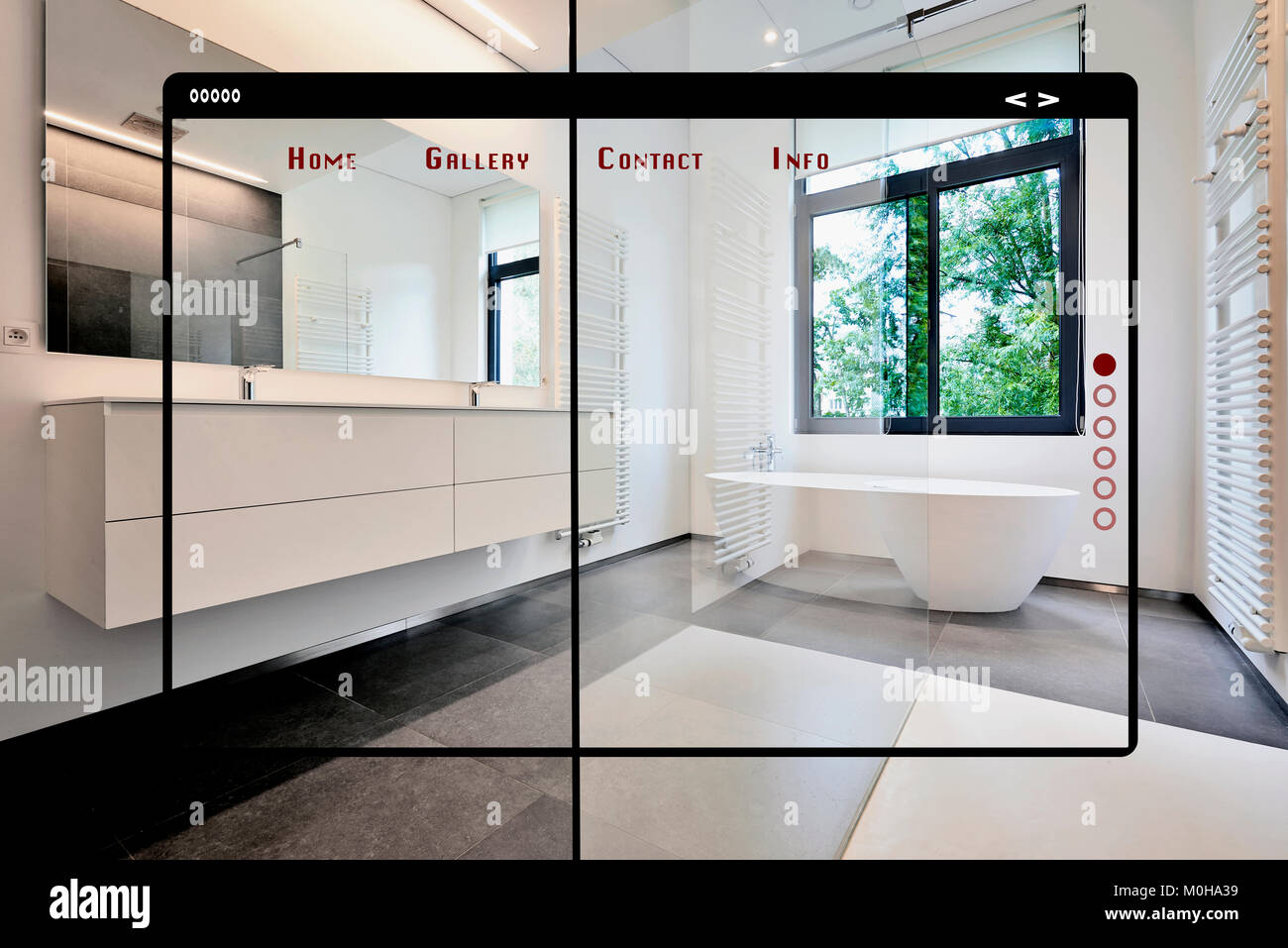 Modern site web interface for gallery. Tiled bathroom with windows towards garden Stock Photo