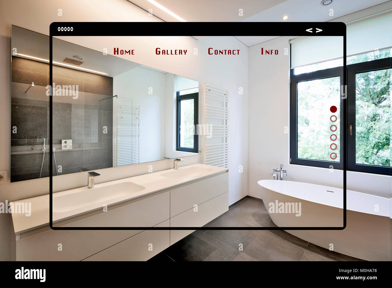 Modern site web interface for gallery. Tiled bathroom with windows towards garden Stock Photo