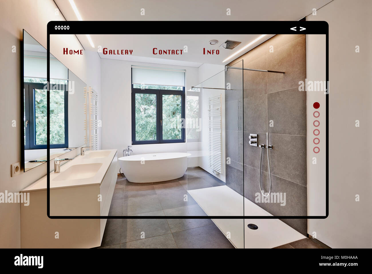 Modern site web interface for gallery. Tiled bathroom with windows towards garden Stock Photo