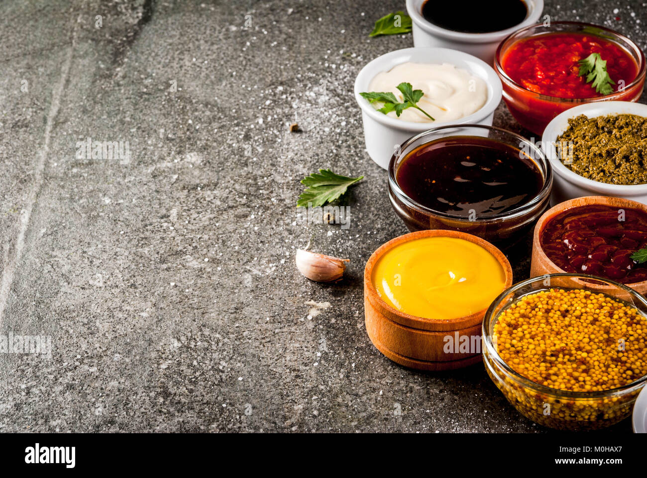 Set of different sauces ketchup, mayonnaise, barbecue, soy, teriyaki