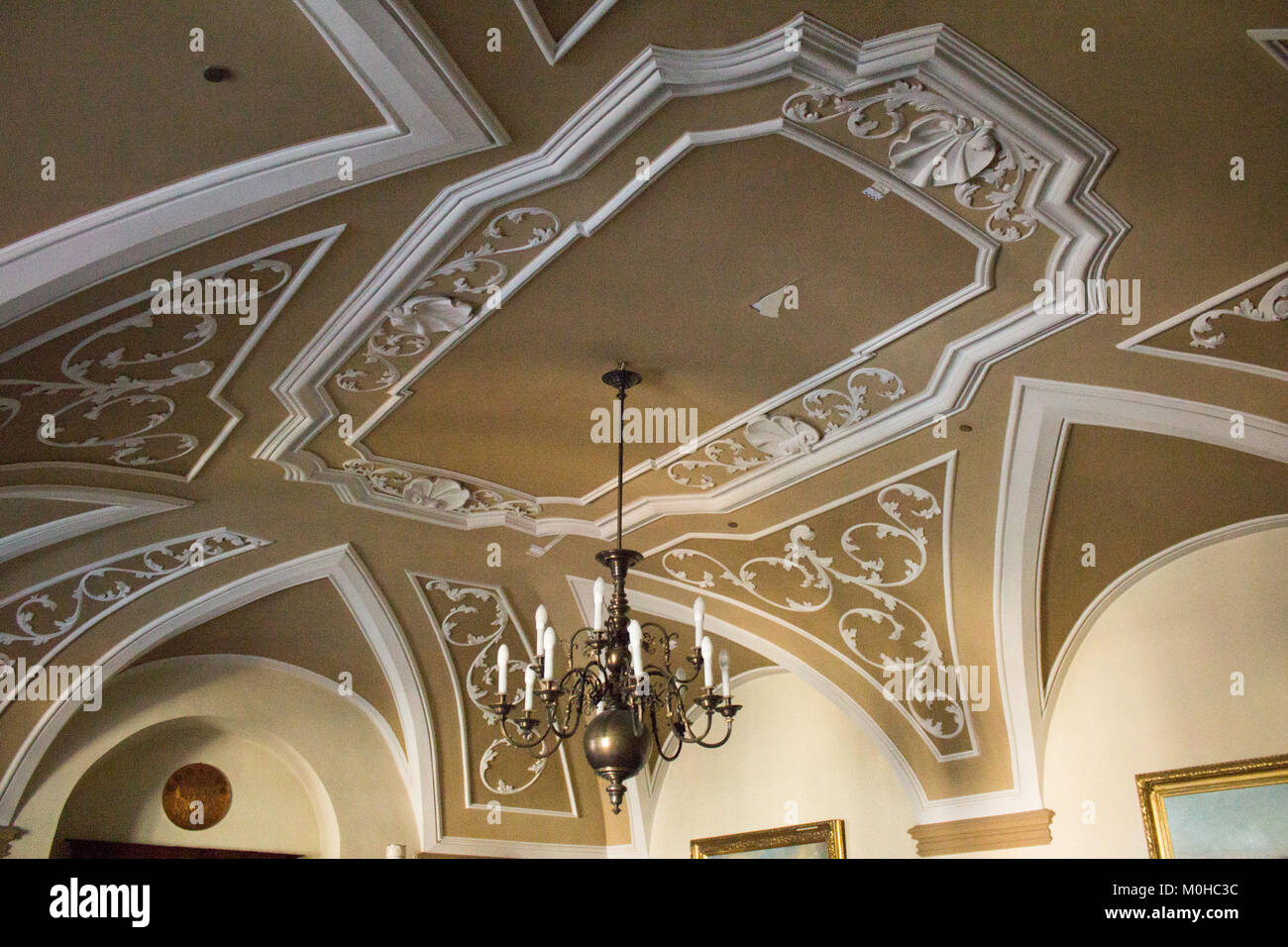 The ceiling of the Mayor's Office in the Town Hall of Görlitz, Germany, showcases intricate historical artwork and architectural design, reflecting the town's civic and cultural heritage. Stock Photo