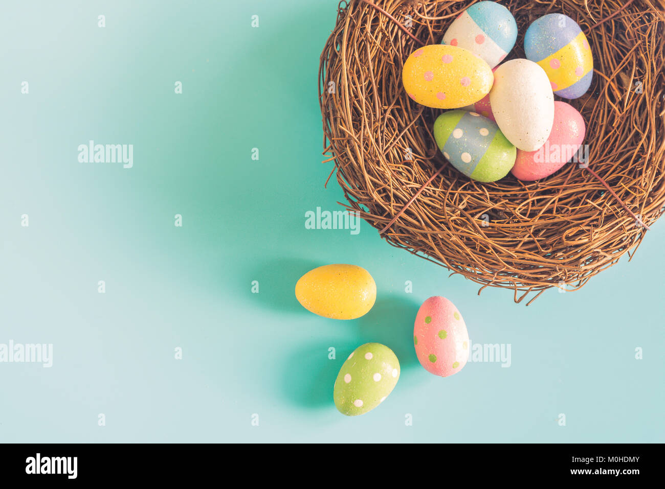 Colorful easter eggs in nest on pastel color background with space ...
