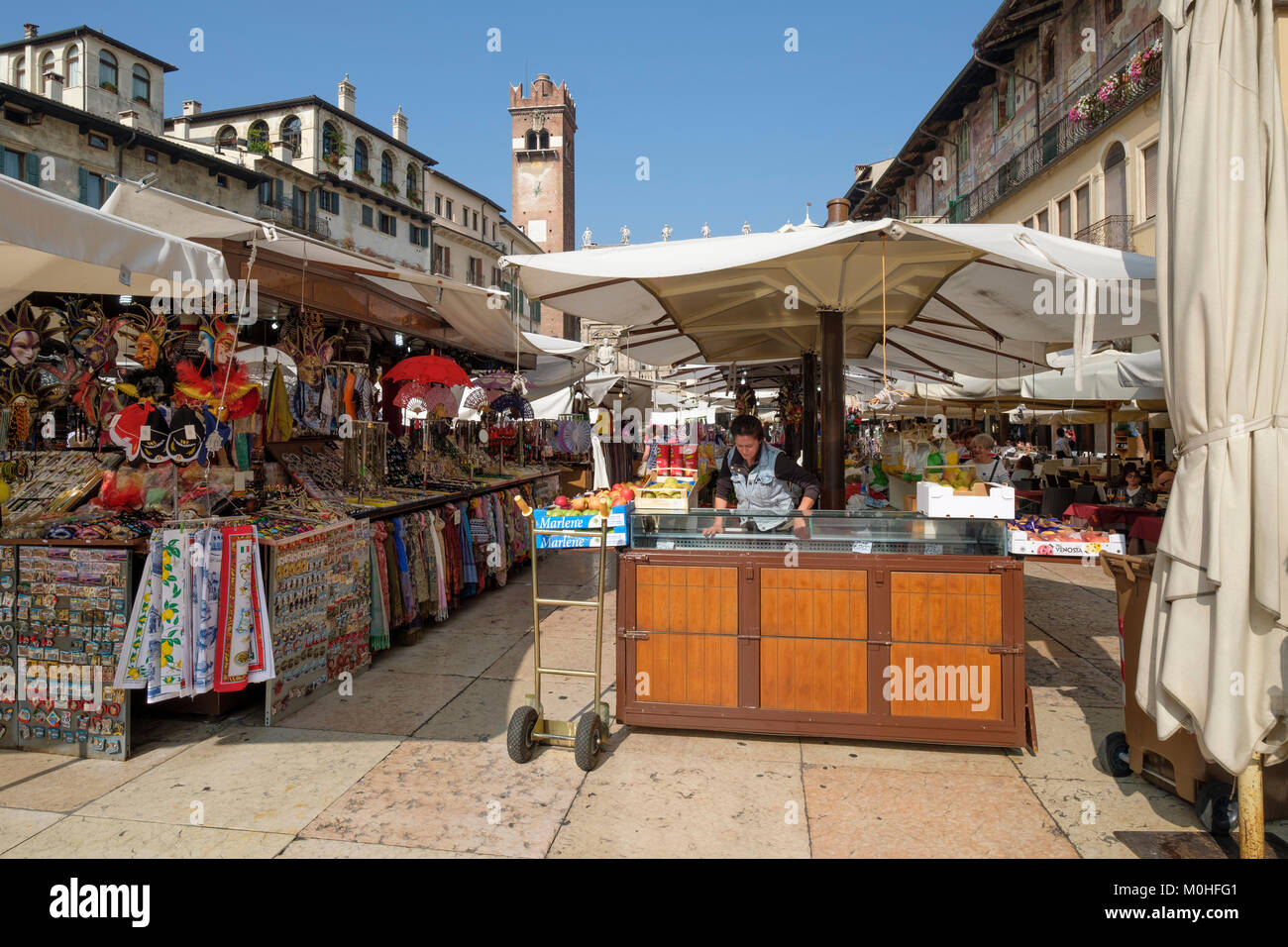 Shopping in the street market, Piazza delle Erbe, Verona, Veneto, Italy Stock Photo