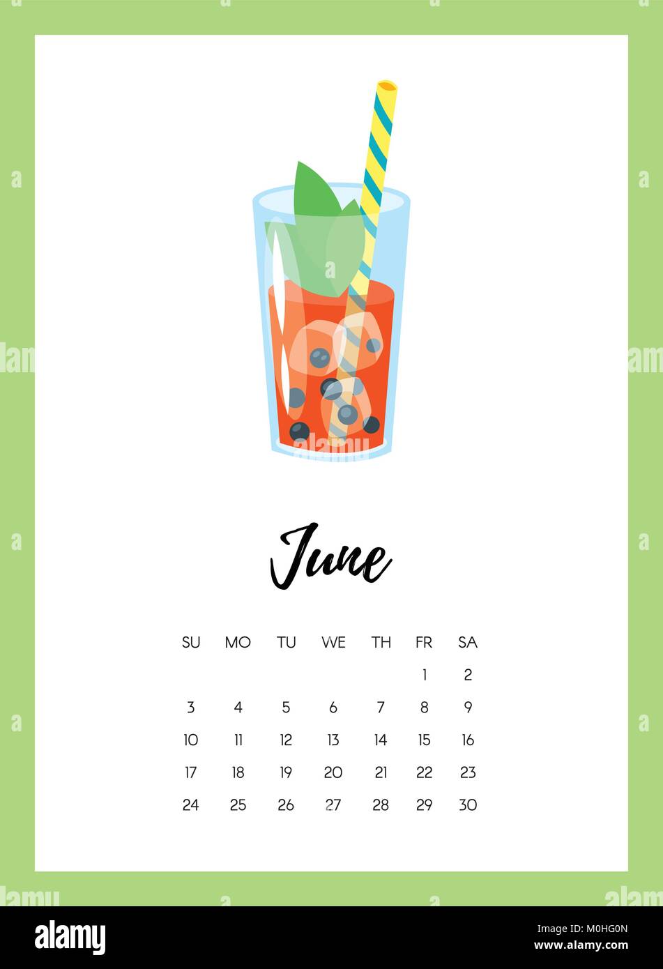 June 2018 year calendar page Stock Vector