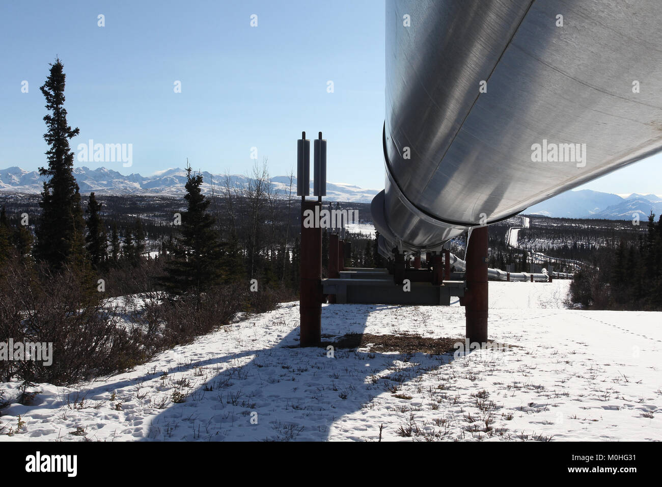 The Trans-Alaska Pipeline System along the Richardson Highway in Alaska. the pipeline moves crude oil from Prudhoe Bay to Valdez. Stock Photo