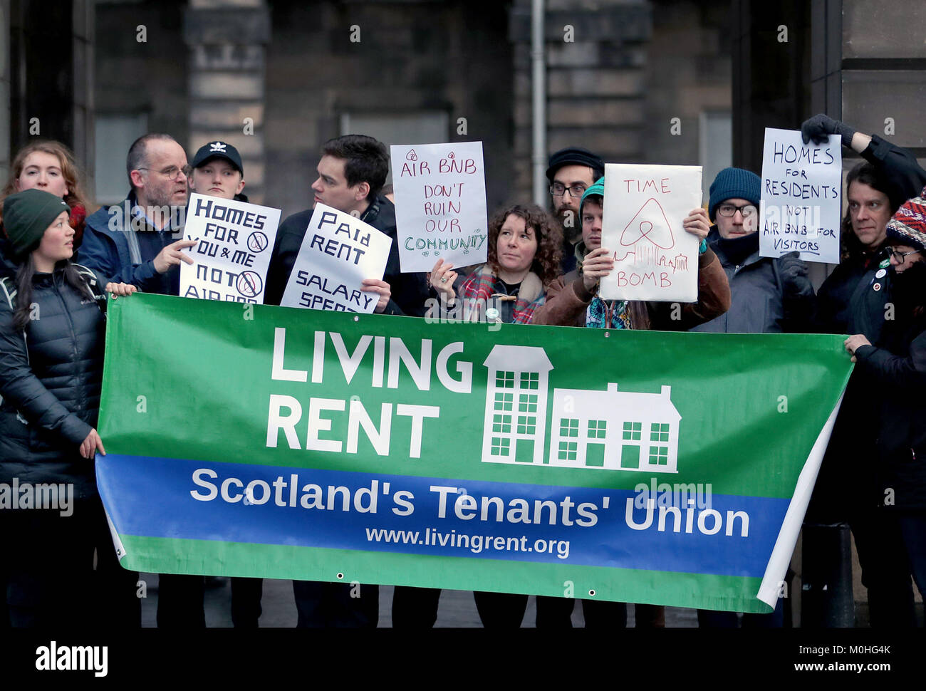 Members of Scotland's tenants' union Living Rent organised a protest outside the Edinburgh City Council Chamber to highlight concerns about the scarcity of housing which they claim is linked to Airbnb, and call upon the council to enforce tough restrictions on holiday lets. Stock Photo