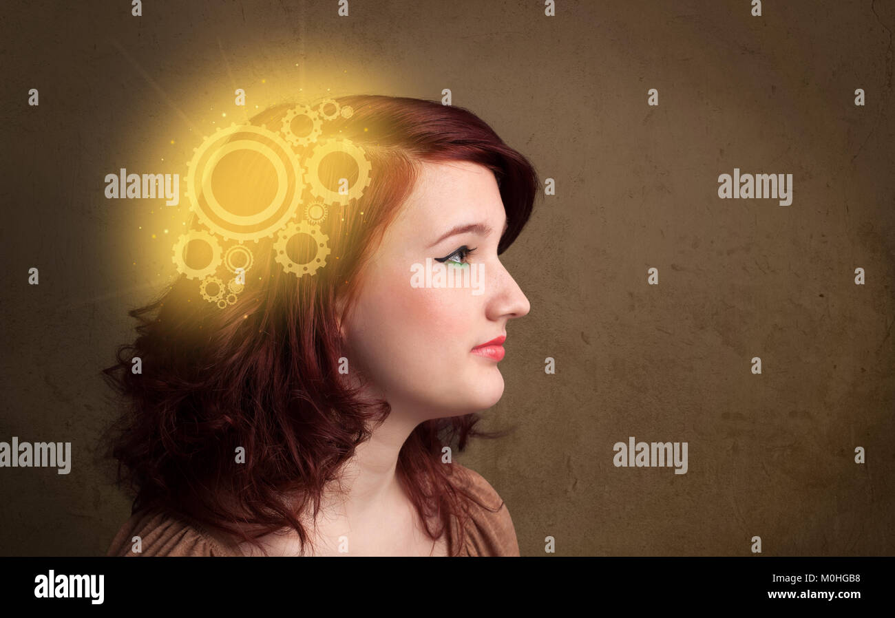 Clever girl thinking with a glowing machine head illustration Stock