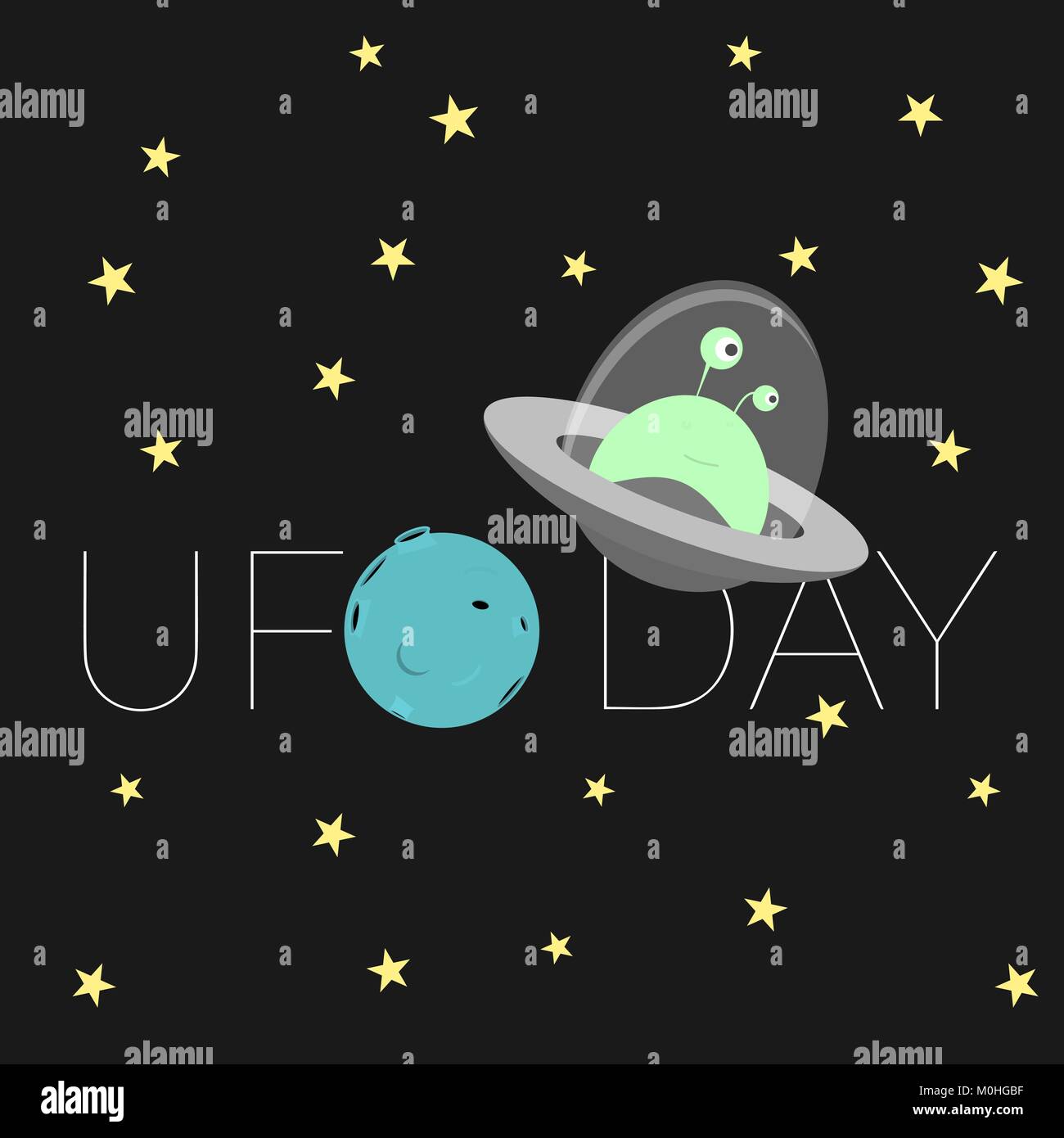Cartoon illustration for world UFO day. Vector card, poster, banner Stock Vector