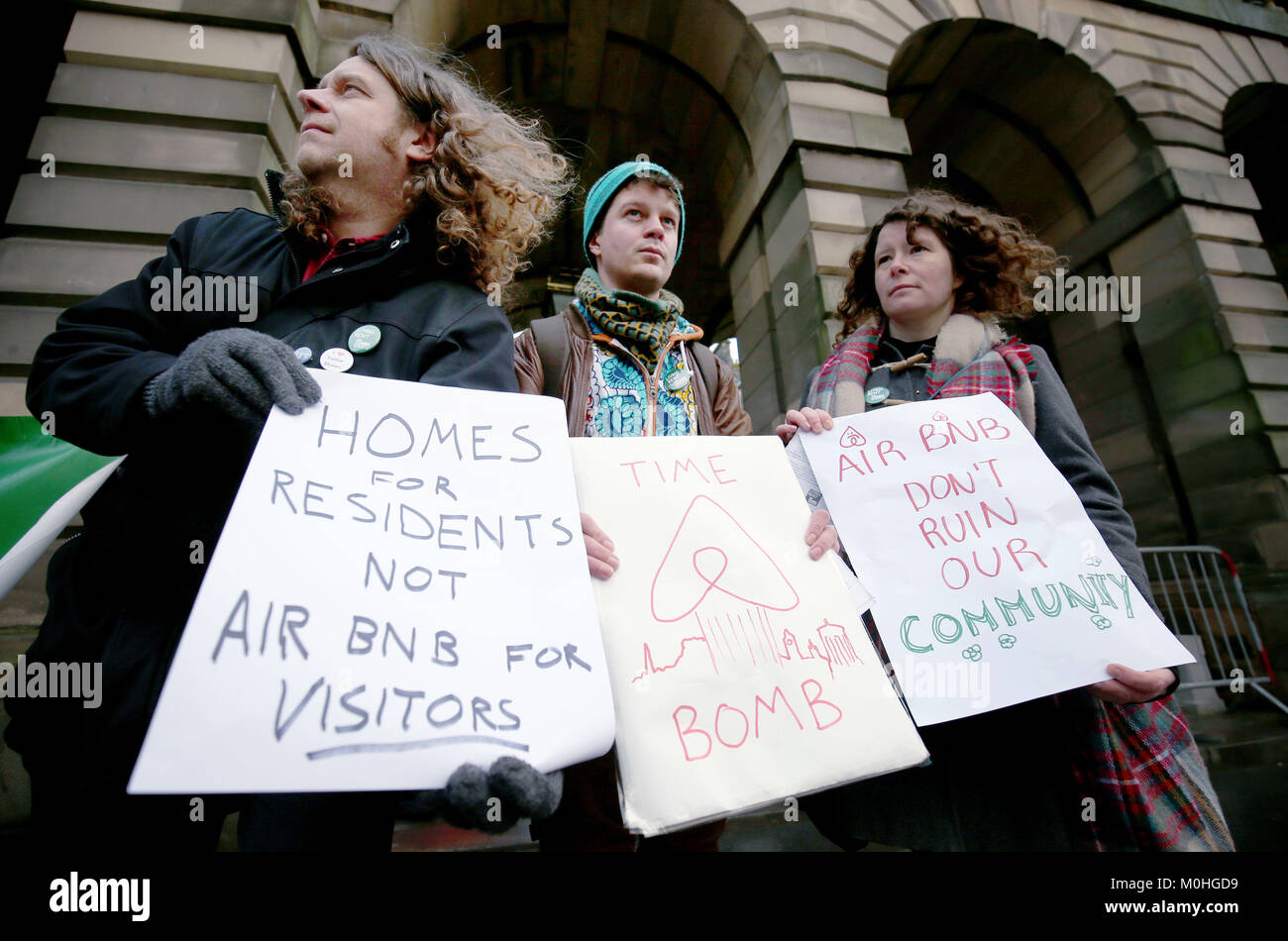 Members of Scotland's tenants' union Living Rent organised a protest outside the Edinburgh City Council Chamber to highlight concerns about the scarcity of housing which they claim is linked to Airbnb, and call upon the council to enforce tough restrictions on holiday lets. Stock Photo