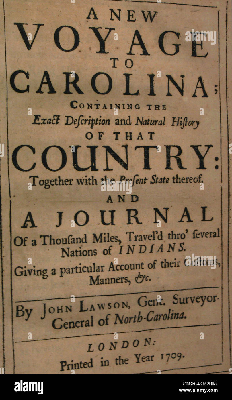 Book: A new voyage to Carolina printed in 1709 by John Lawson, Ellis Island Immigration museum, Ellis Island, Upper New York Bay, New York City, New Y Stock Photo